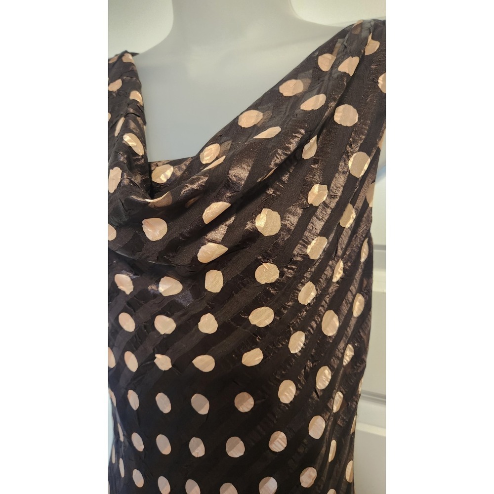 Vtg Joseph Ribkoff Size 8 Brown Polka Dot Sheath Dress Tiered Ruffles Cowl Neck - Picture 4 of 11